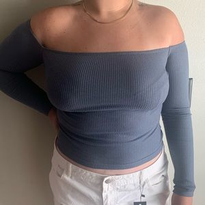 Blue Long Sleeve Off-the-Shoulder Crop Top (M)